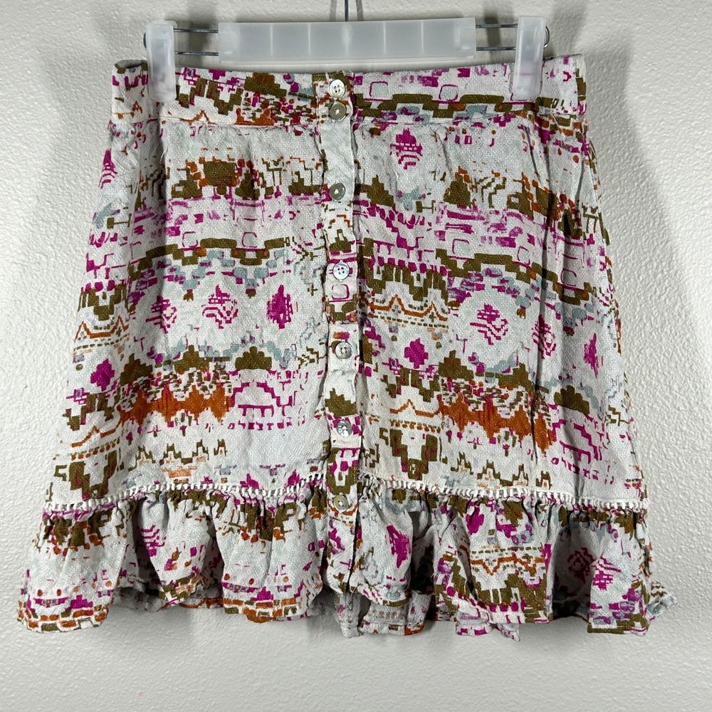 Shyanne Womens Southwestern Geometric Button Front Ruffle Mini Skirt Pink Med
